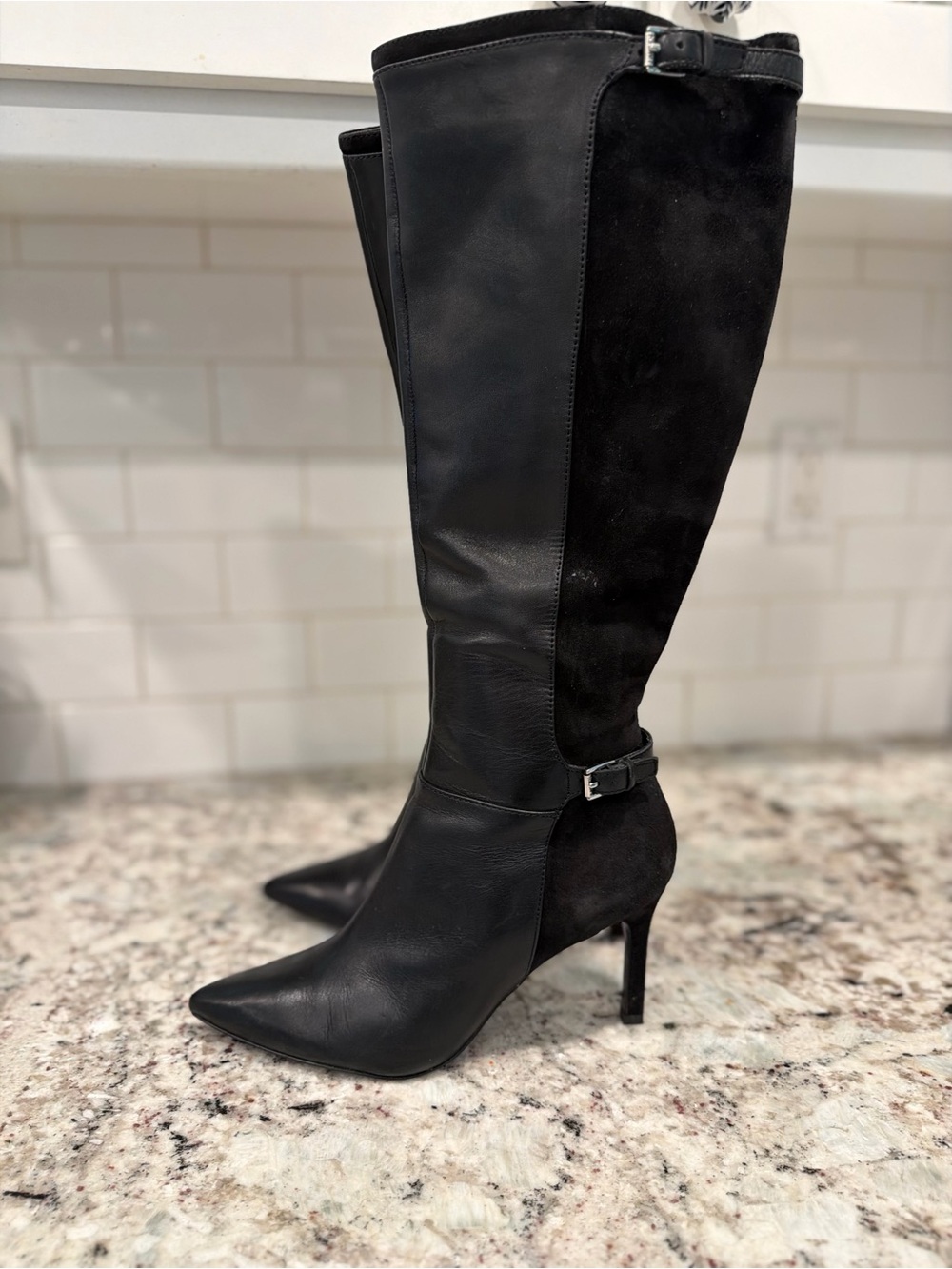 Ralph Lauren Black Leather and Suede Over-the-Knee Stiletto Boots - Picture 3 of 14